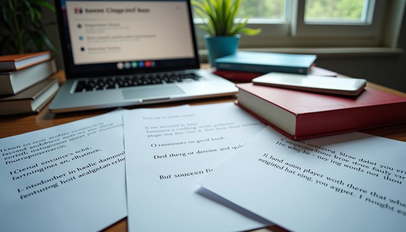 A cluttered desk with papers and books on grammar correction.