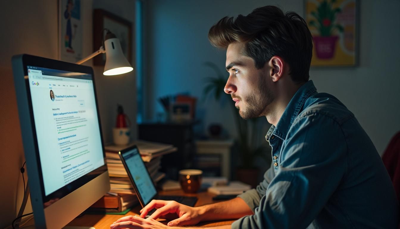 A person is sitting at a cluttered desk, looking at SEO suggestions on a computer screen.