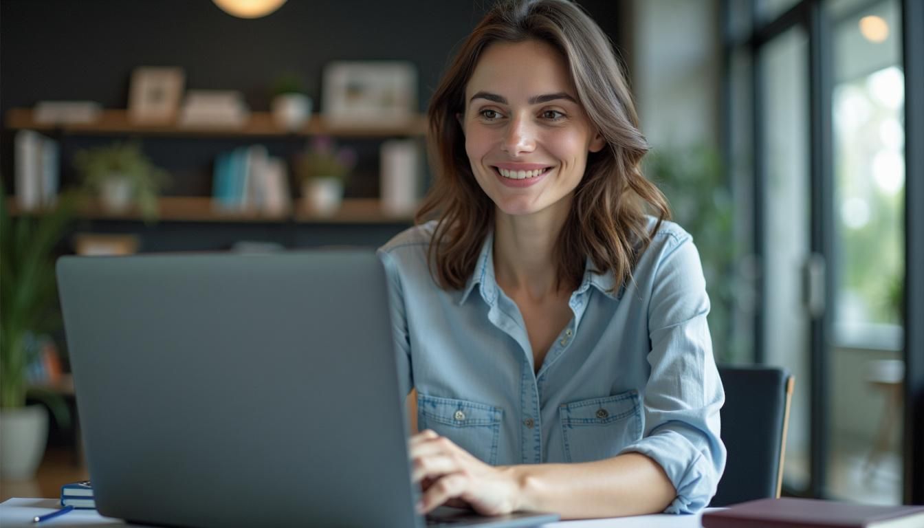 The woman is working on her laptop in a modern office.